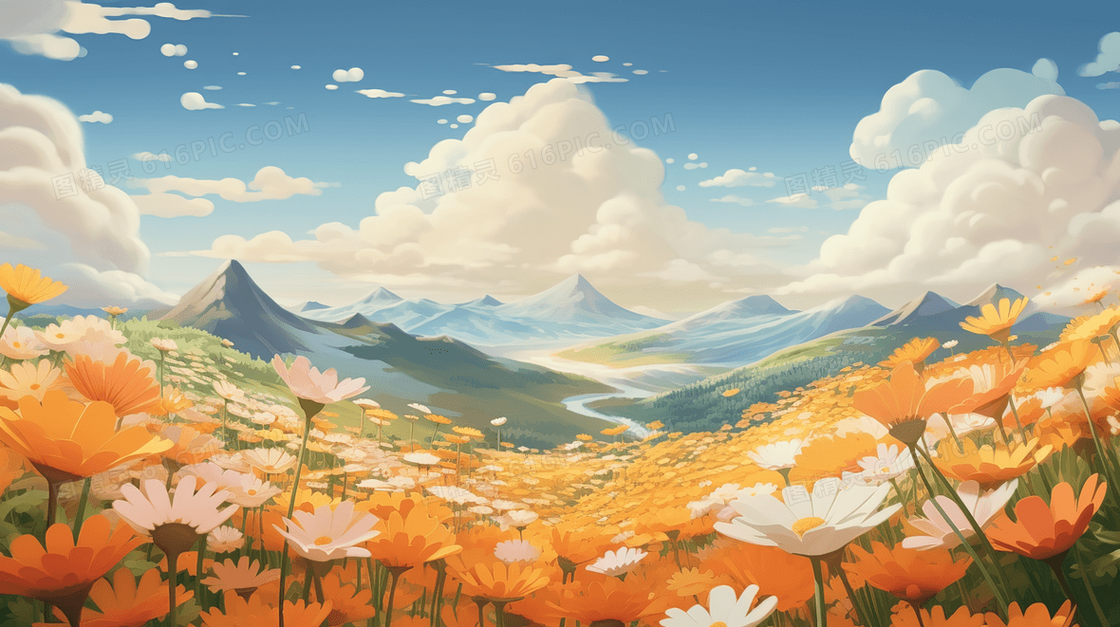 漫山遍野盛开的橙色小花和小雏菊插画