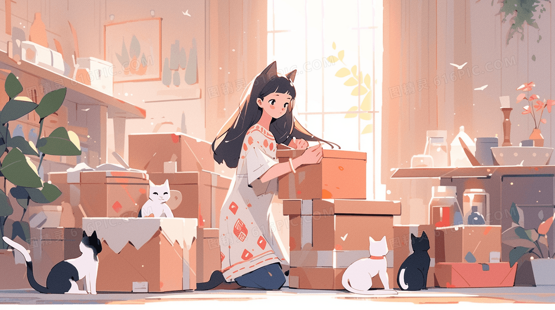 女孩拆网购快递包裹插画