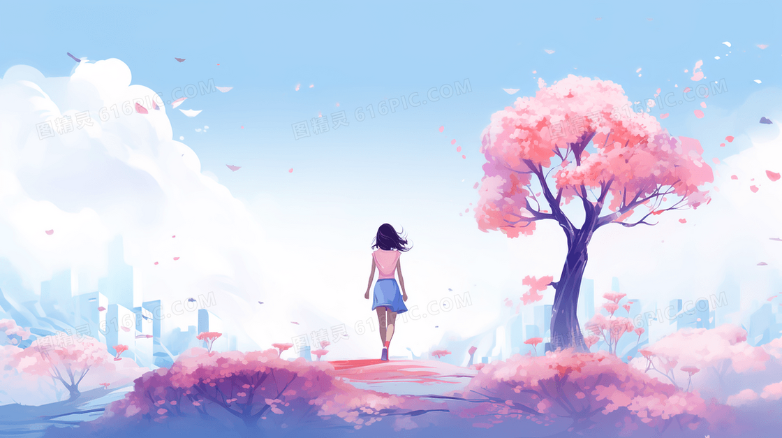 春季平原上盛开的樱花树插画