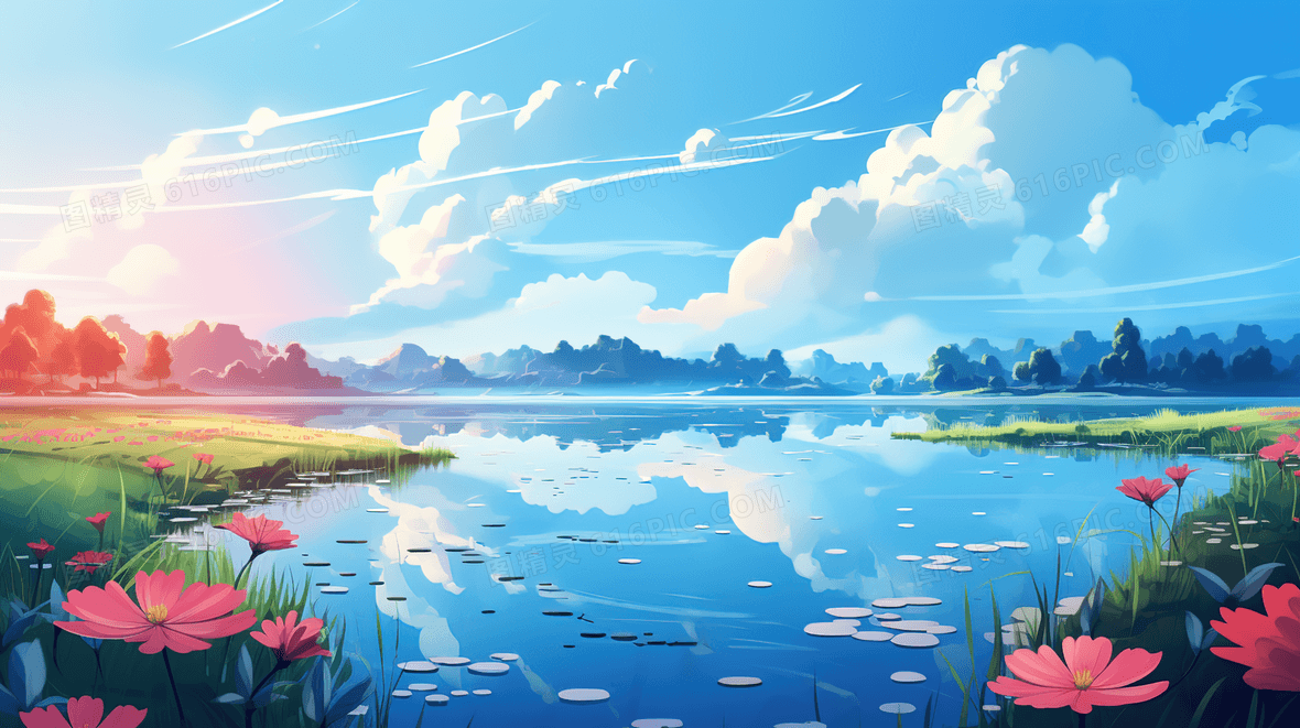 森林中的湖面风景插画背景图片下载_2912x1632像素JPG格式_编号1mrf56l20_图精灵