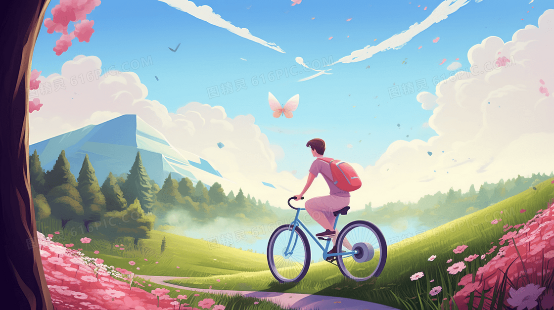 在美丽的山林花草地上骑自行车的男生插画