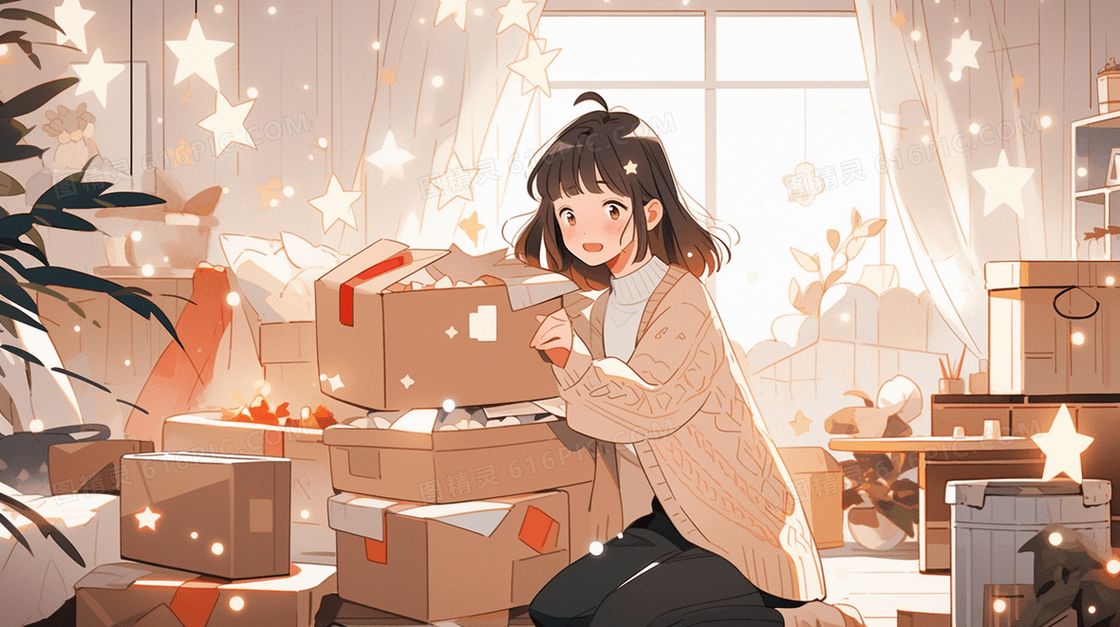 女孩拆网购快递包裹插画