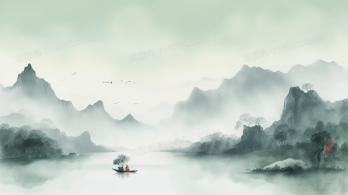 山丘湖泊晨雾山水插画