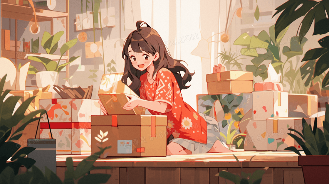 女孩拆网购快递包裹插画