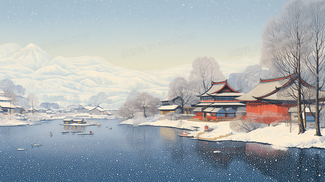 冬季乡村河边小土房唯美风景插画