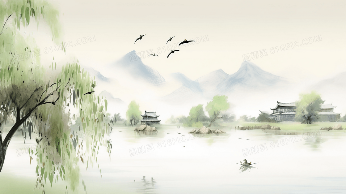 江边嫩绿垂柳远山树林景色插画