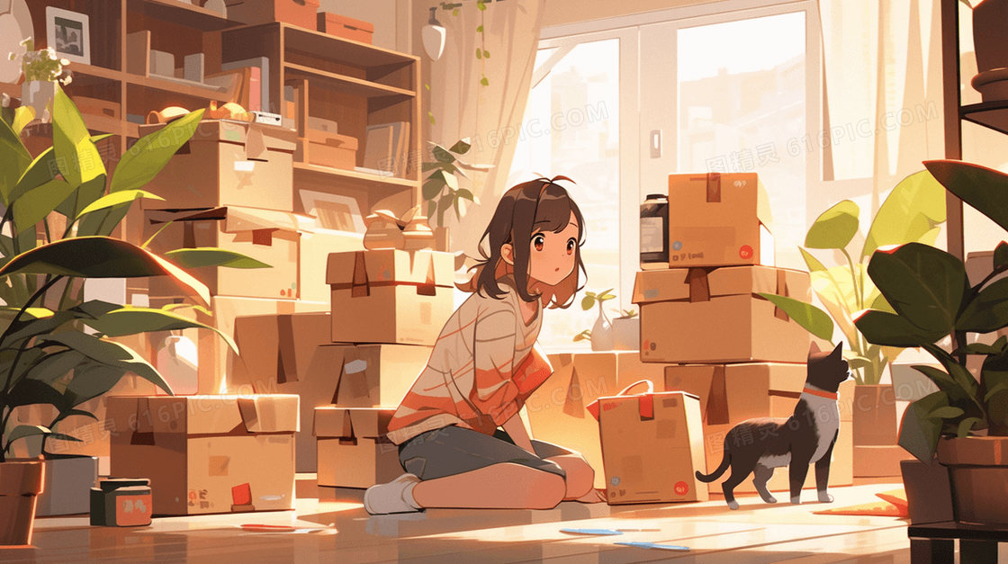 女孩拆网购快递包裹插画