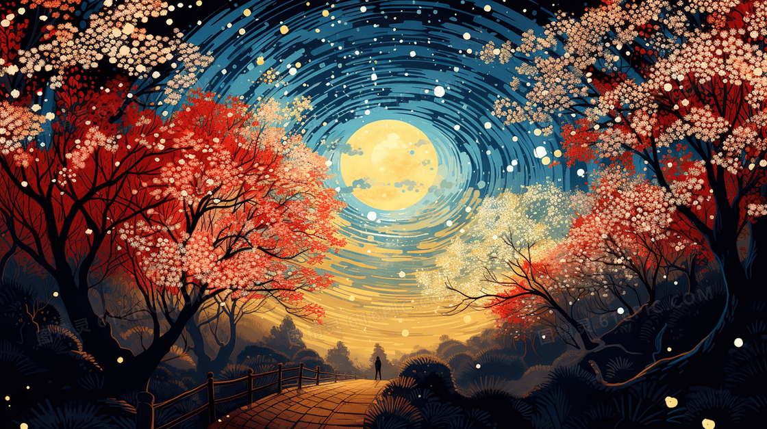 夜晚山林湖泊夜景梵高画风插画