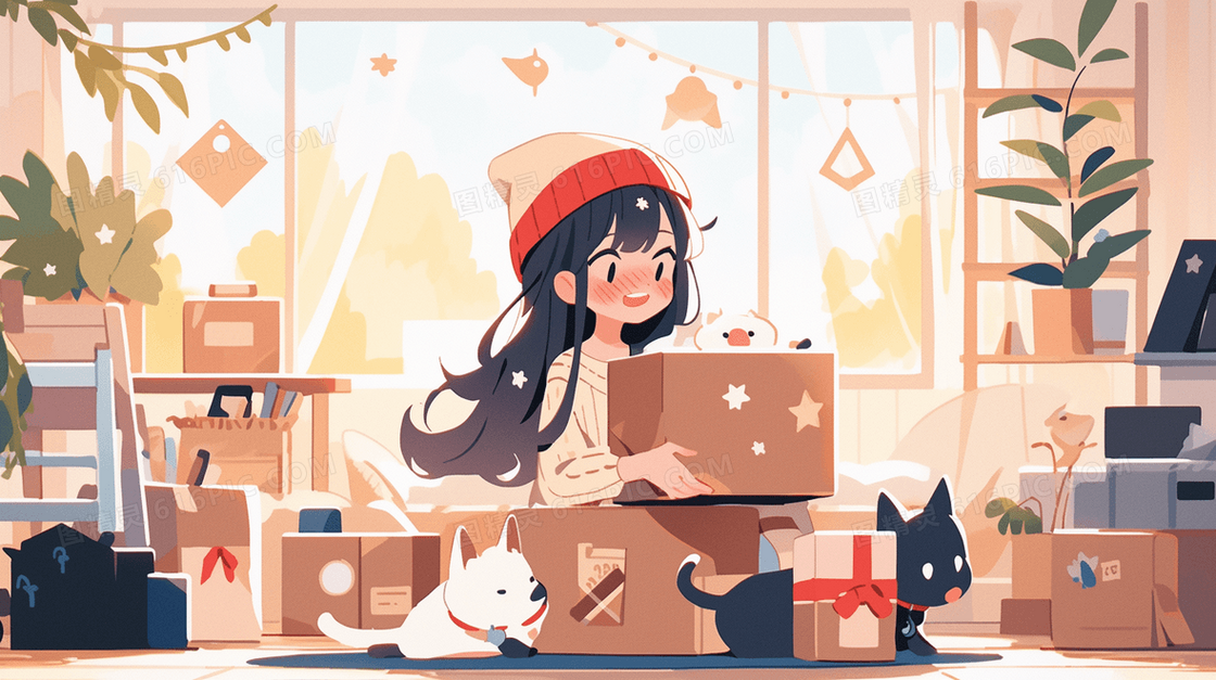 女孩拆网购快递包裹插画