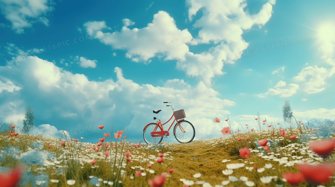 蓝天白云下的鲜花盛开的草地上的自行车插画