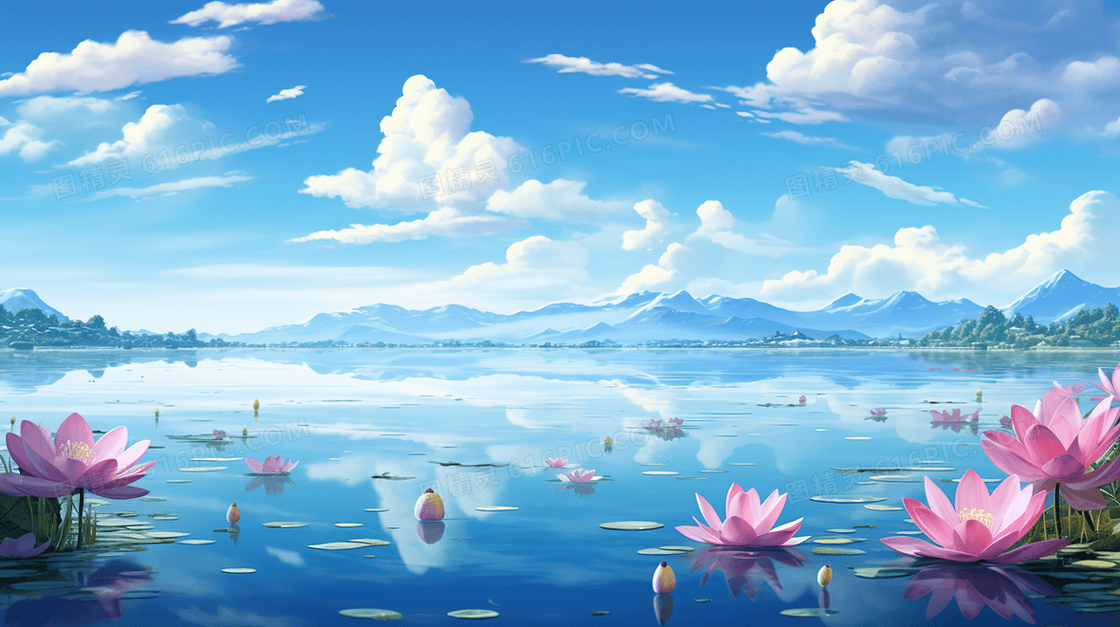 蓝天白云下的山林中湖泊美景插画