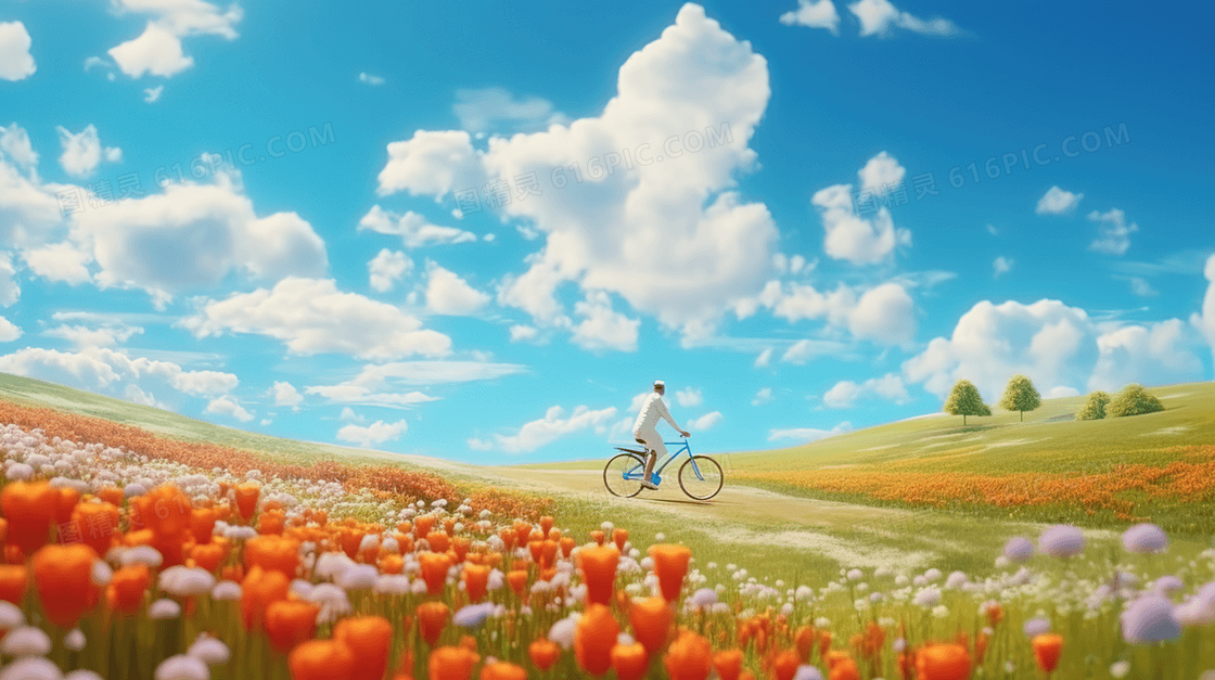 蓝天白云下的鲜花盛开的草地上的自行车插画