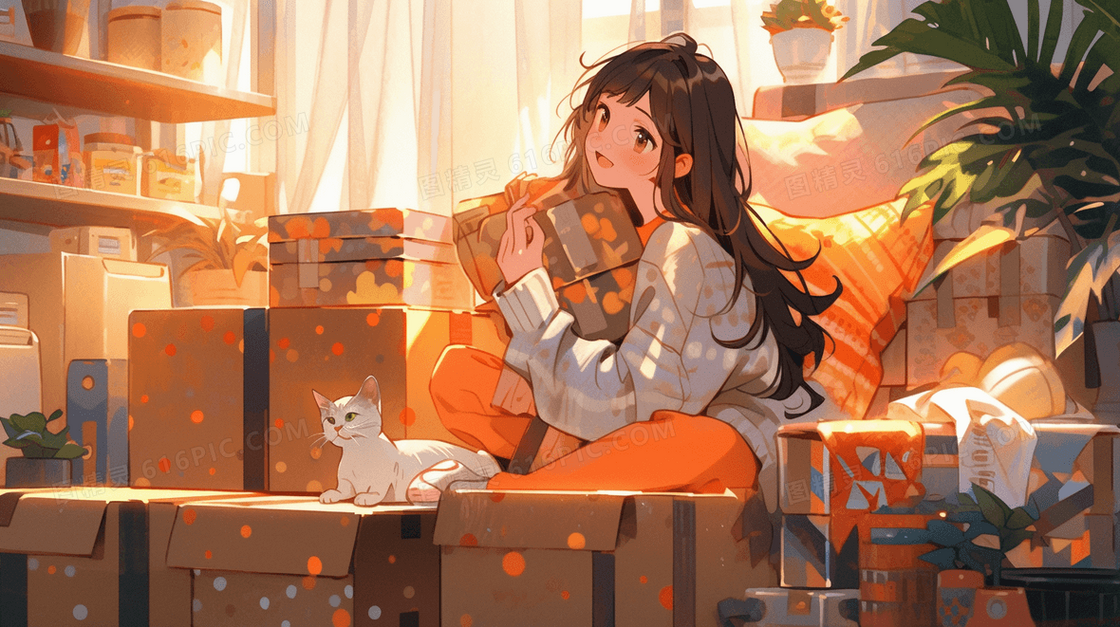 女孩拆网购快递包裹插画