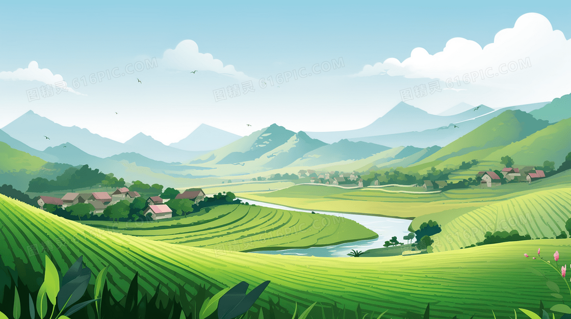 春季远山乡村辽阔的水稻田插画