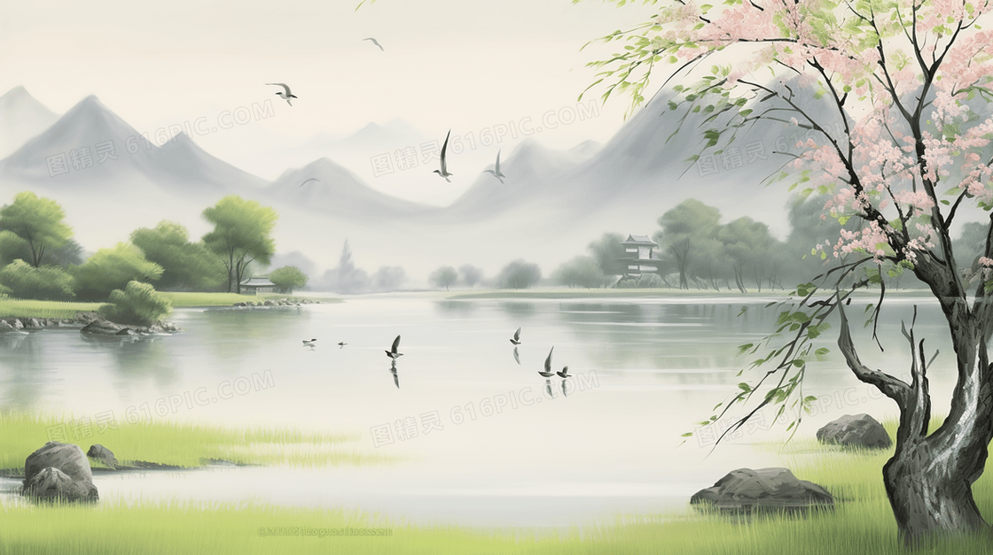 江边嫩绿垂柳远山树林景色插画