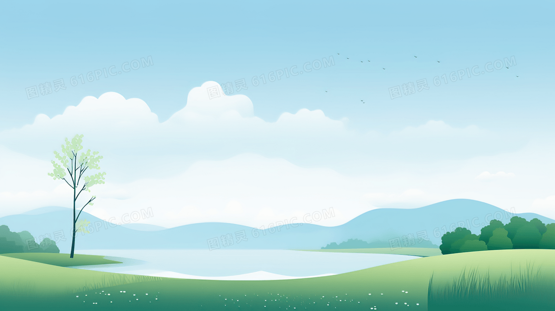 蓝天白云下的山林草地小湖景色插画