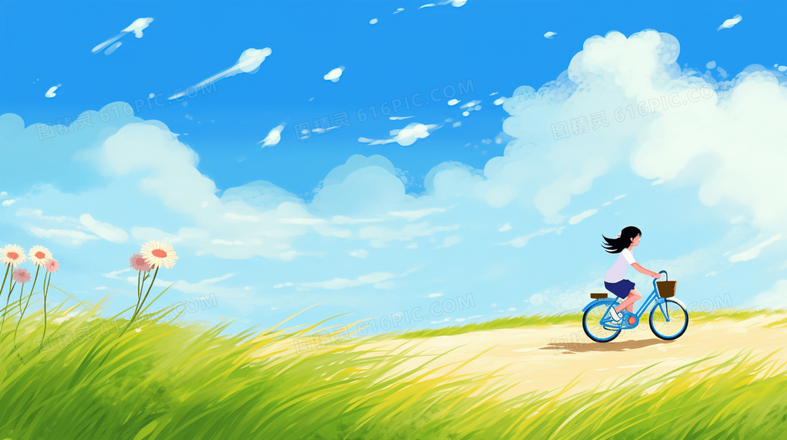 春天草地上骑自行车的女孩唯美插画