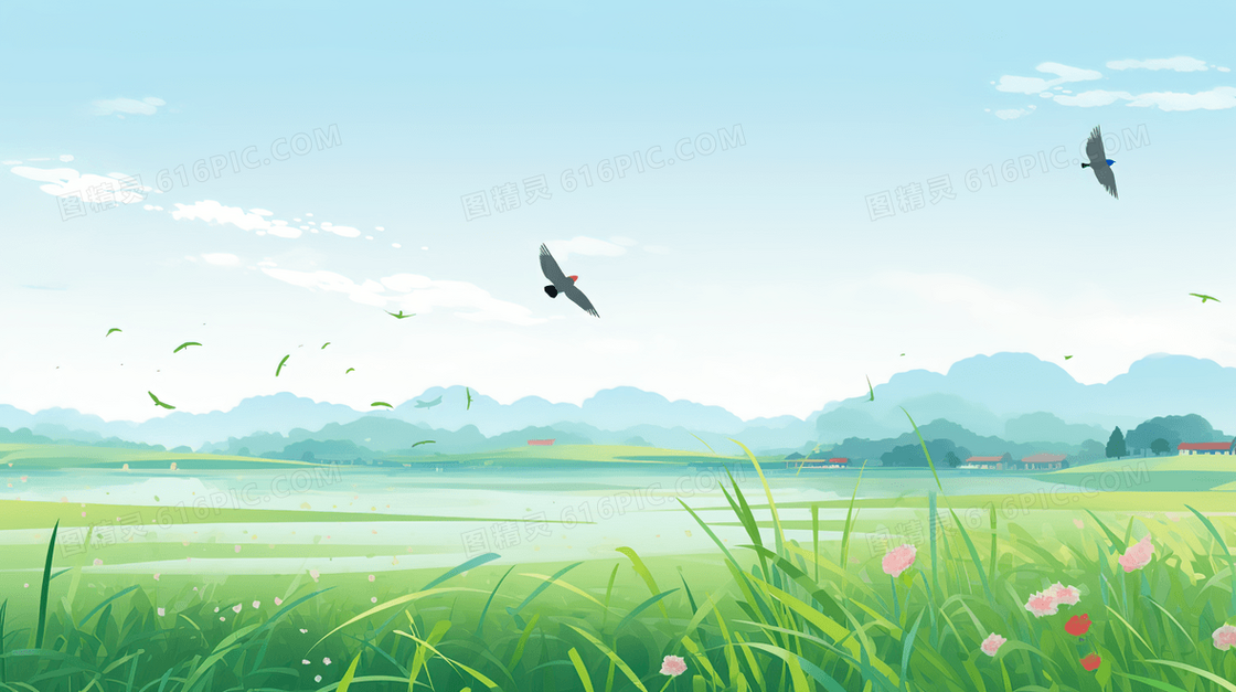 远山草地小河燕子飞翔景色插画