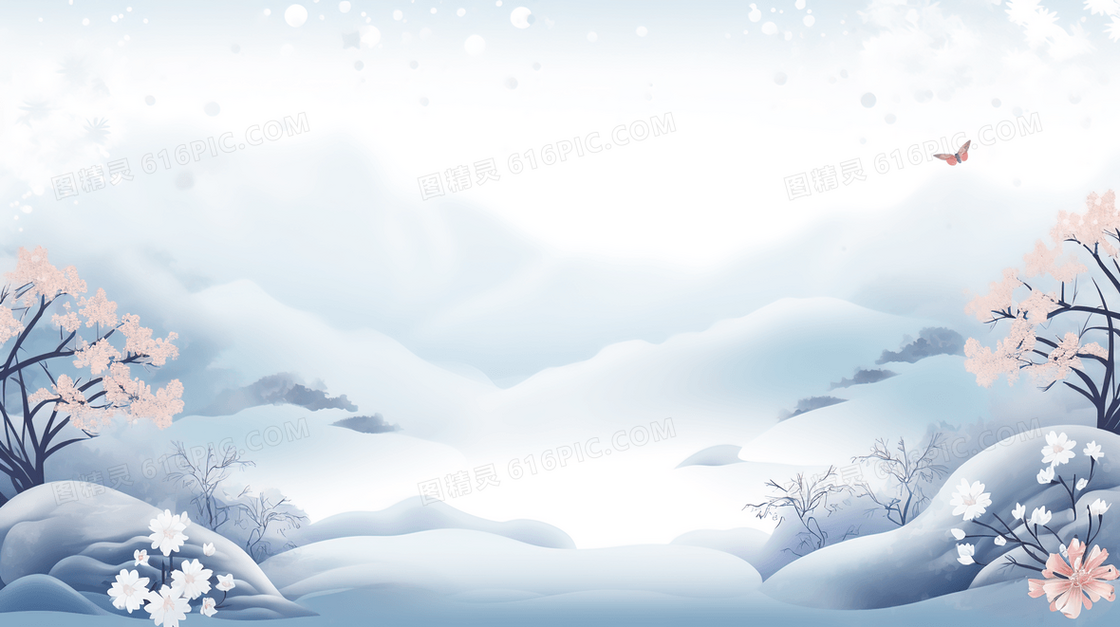 白色中国风冬季高山雪景插画