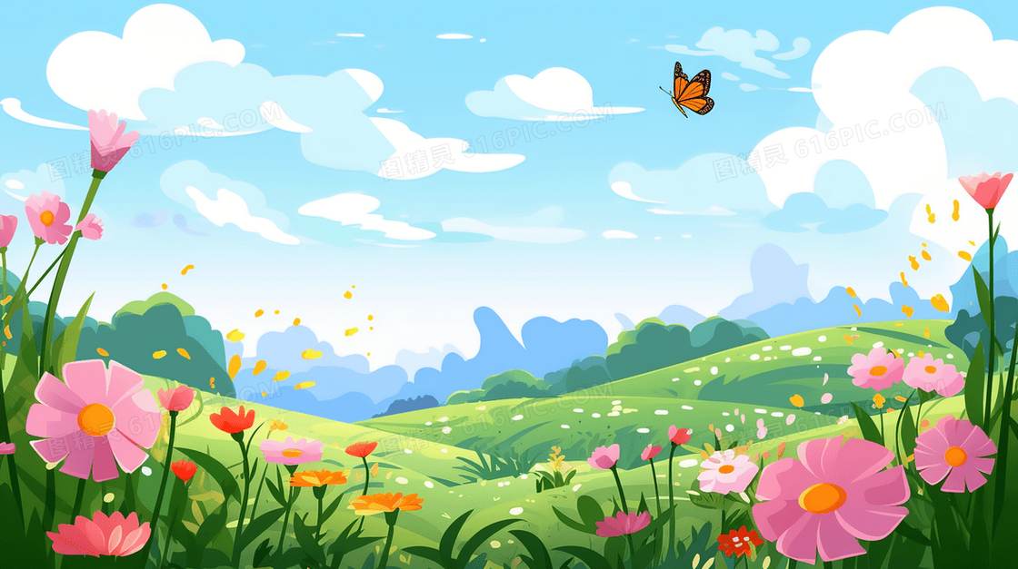 春季山林草地鲜花插画