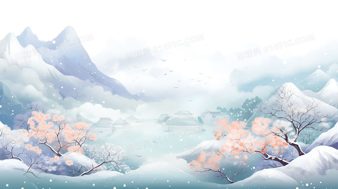 白色中国风冬季高山雪景插画