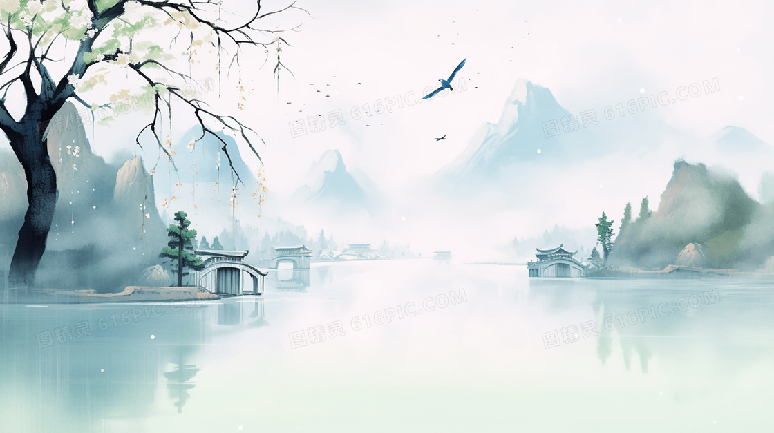 山林湖泊小桥古建筑水彩插画
