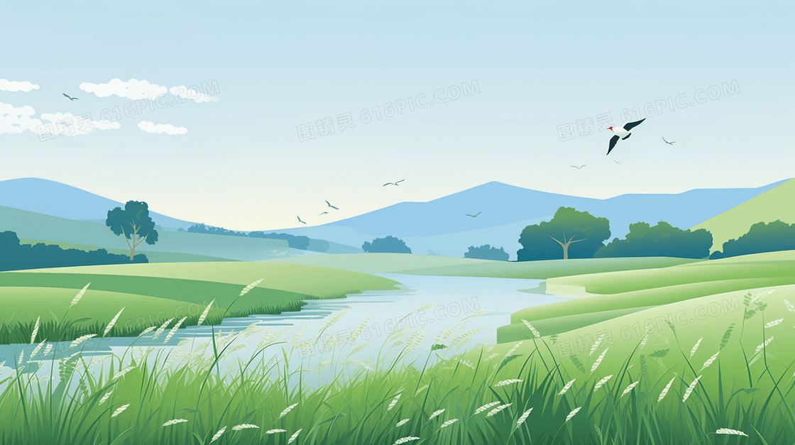 远山草地小河燕子飞翔景色插画