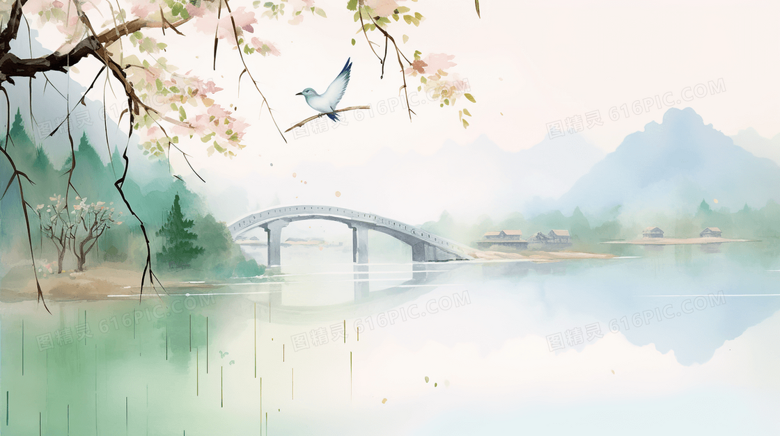 春季山林湖泊小桥古建筑水彩插画