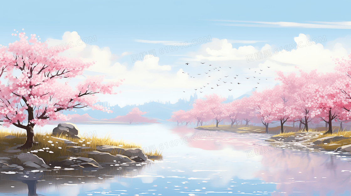 春天唯美粉色花朵山水风景插画