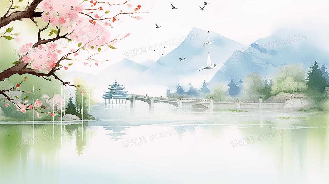 春季山林湖泊小桥古建筑水彩插画