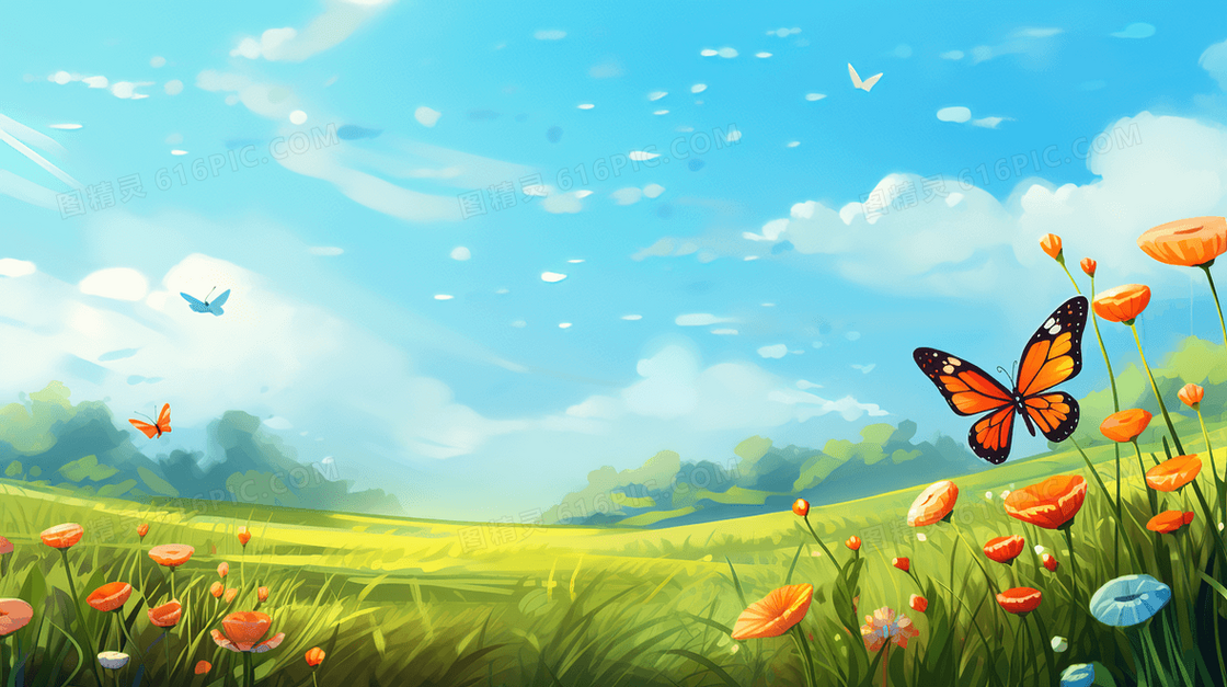 绿色山坡花丛中的蝴蝶唯美风景插画