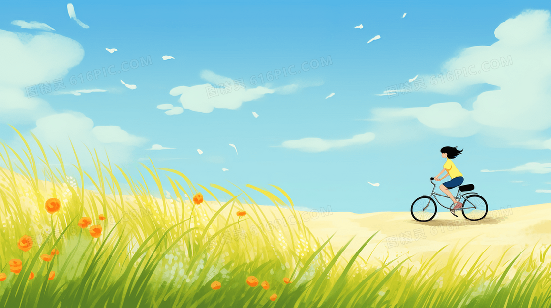 春天草地上骑自行车的女孩唯美插画