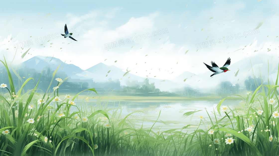 远山草地小河燕子飞翔景色插画