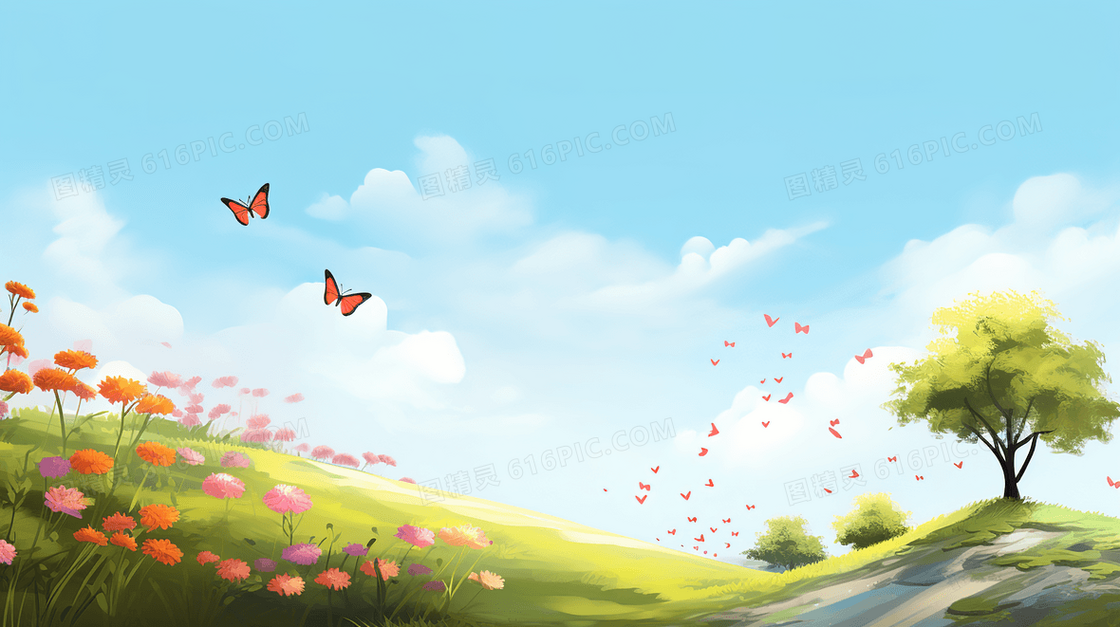 绿色山坡花丛中的蝴蝶唯美风景插画
