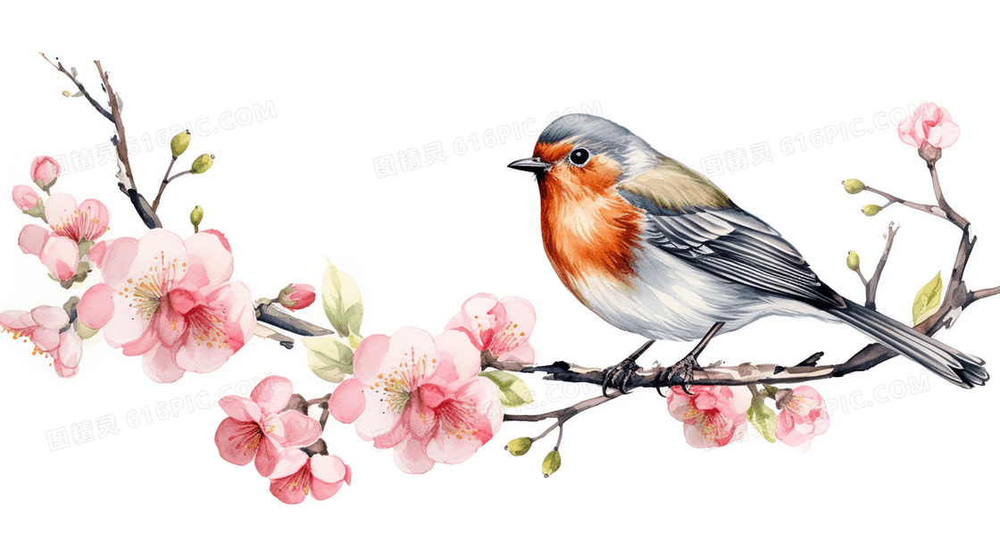 粉色桃花树枝上的麻雀小鸟插画
