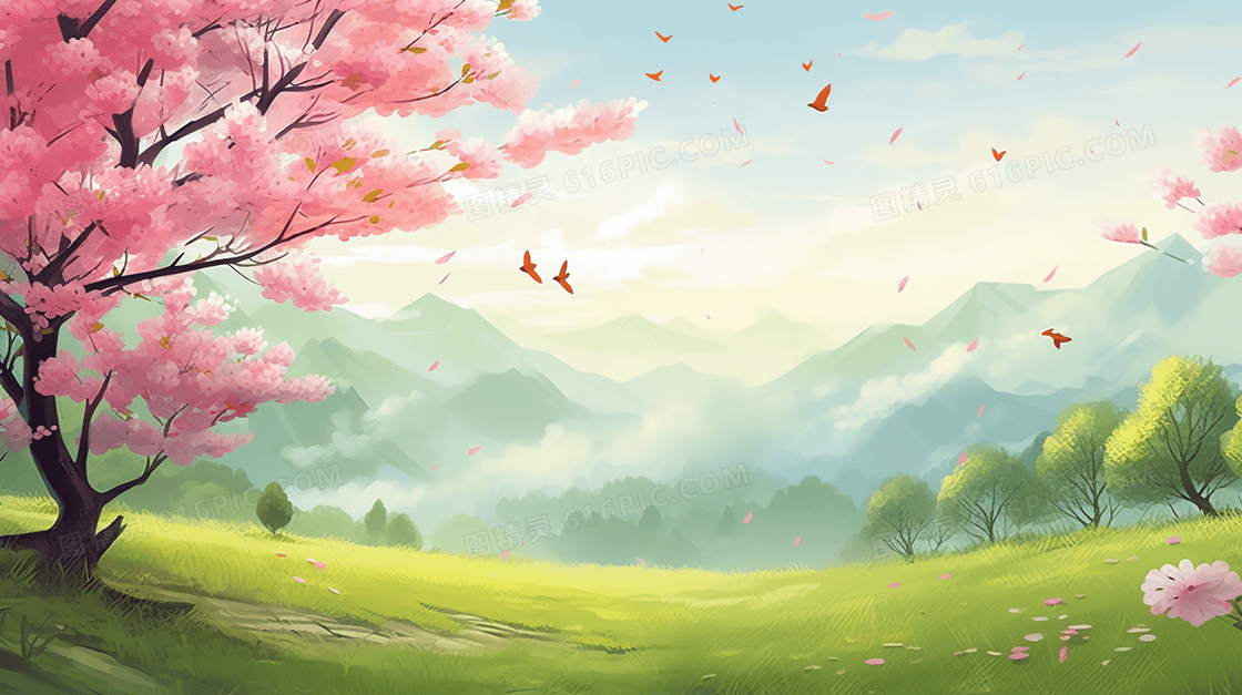 春天绿色草地山坡上的粉色花树风景插画