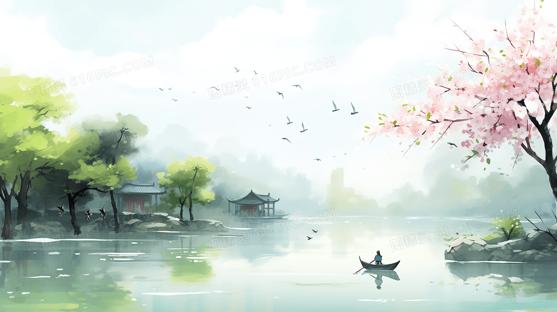 中国风湖边粉色花朵唯美风景插画