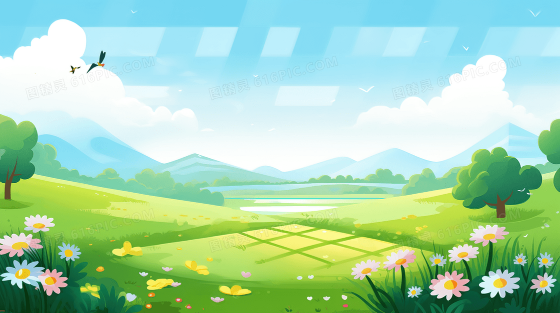 春天绿意盎然的草地花朵美景插画