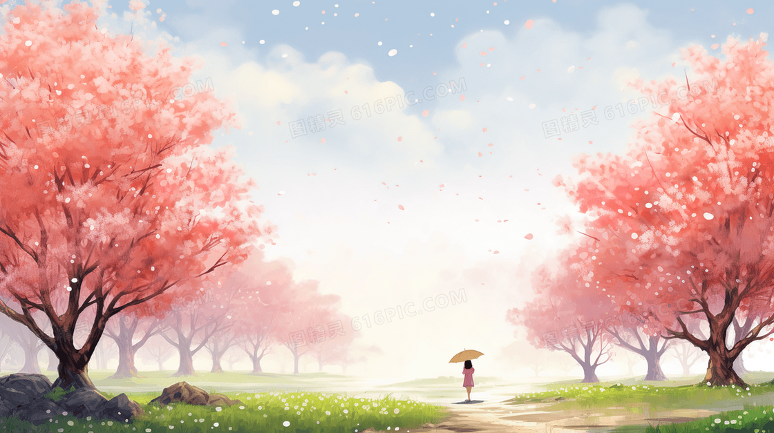 在粉色花树下独自撑伞的女孩唯美插画