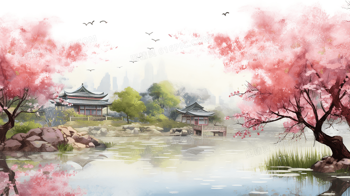 春天湖边的粉色花树风景唯美插画