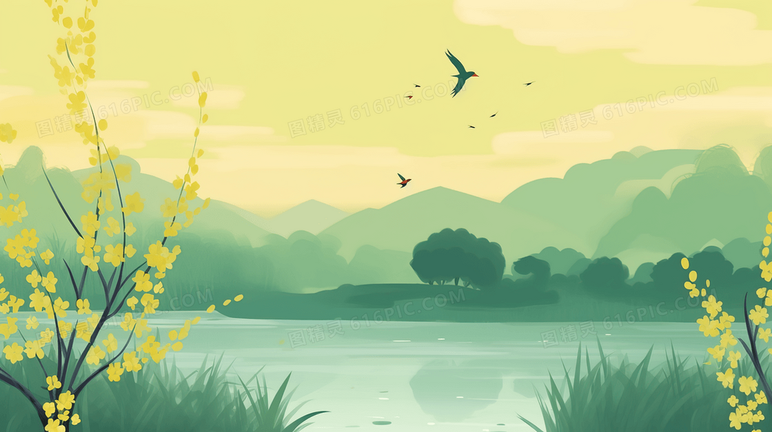 绿色湖边黄色花朵清新风景插画