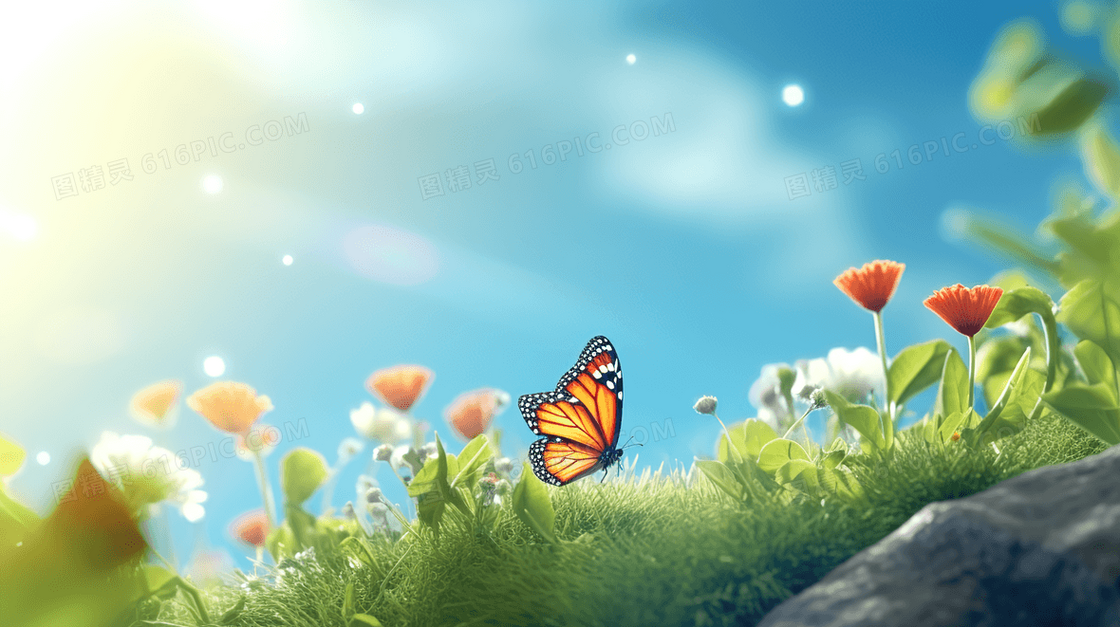 春天阳光下草地花丛中的花蝴蝶插画