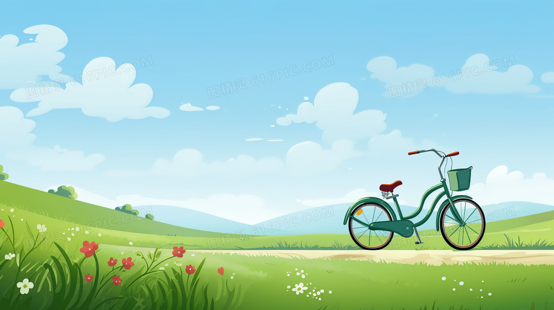 春天绿色草地上的自行车插画