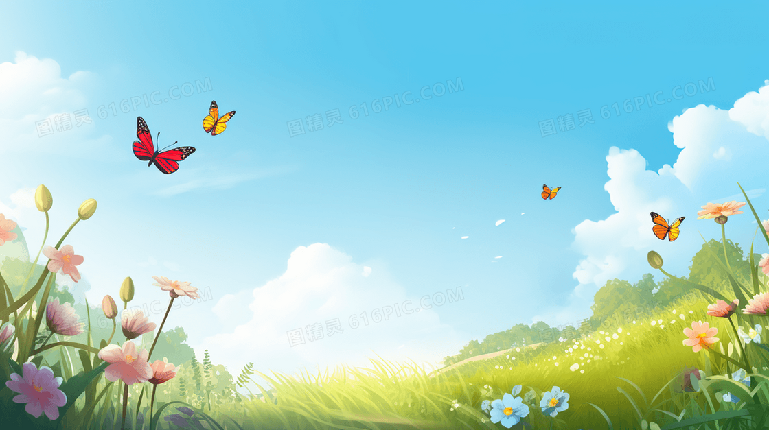 春天阳光下草地花丛中的花蝴蝶插画