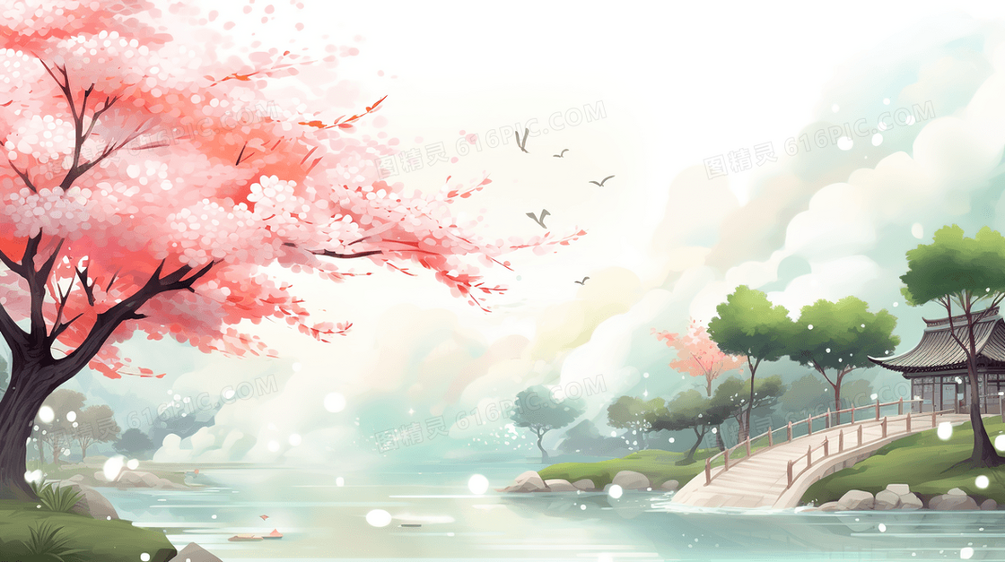 中国风湖边粉色花朵唯美风景插画
