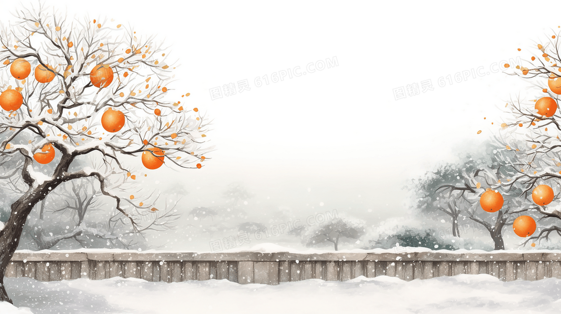 大雪里古典院墙旁的金色柿子树插画