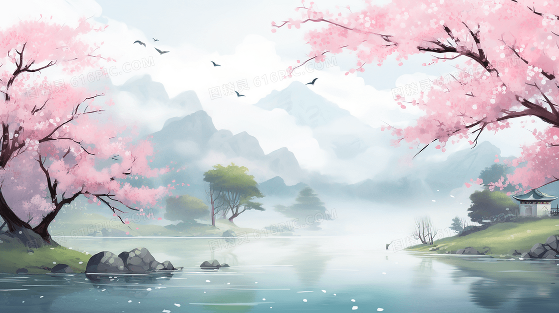中国风湖边粉色花朵唯美风景插画