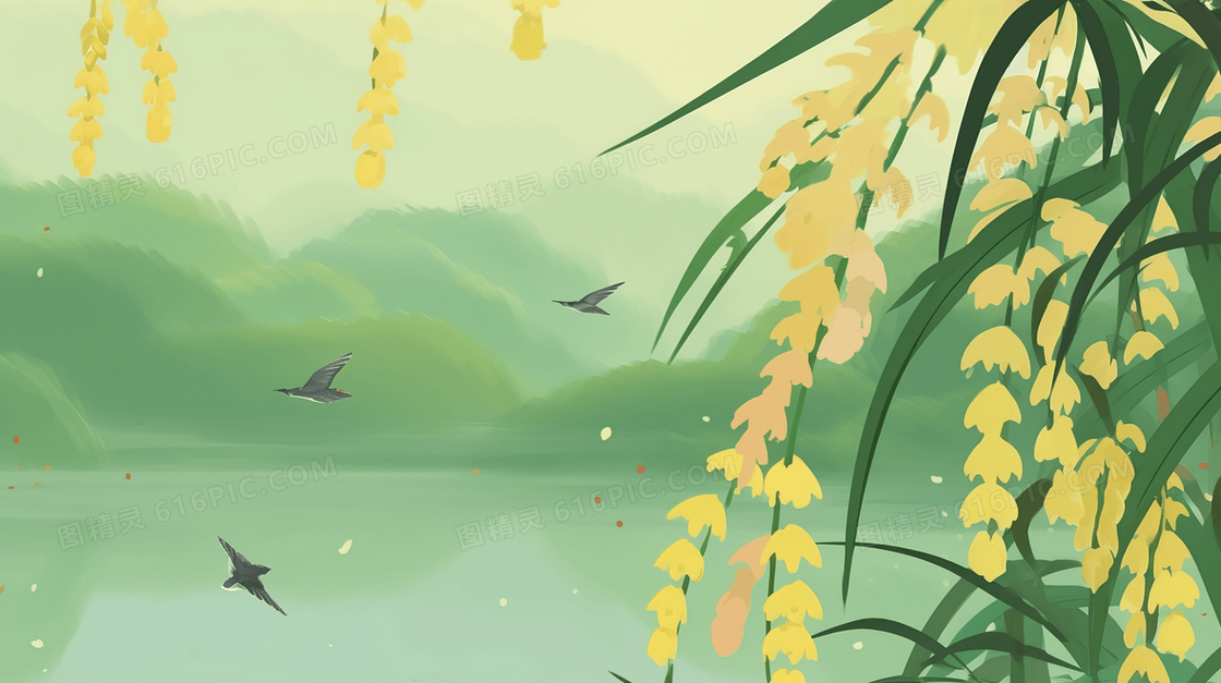 绿色湖边黄色花朵清新风景插画