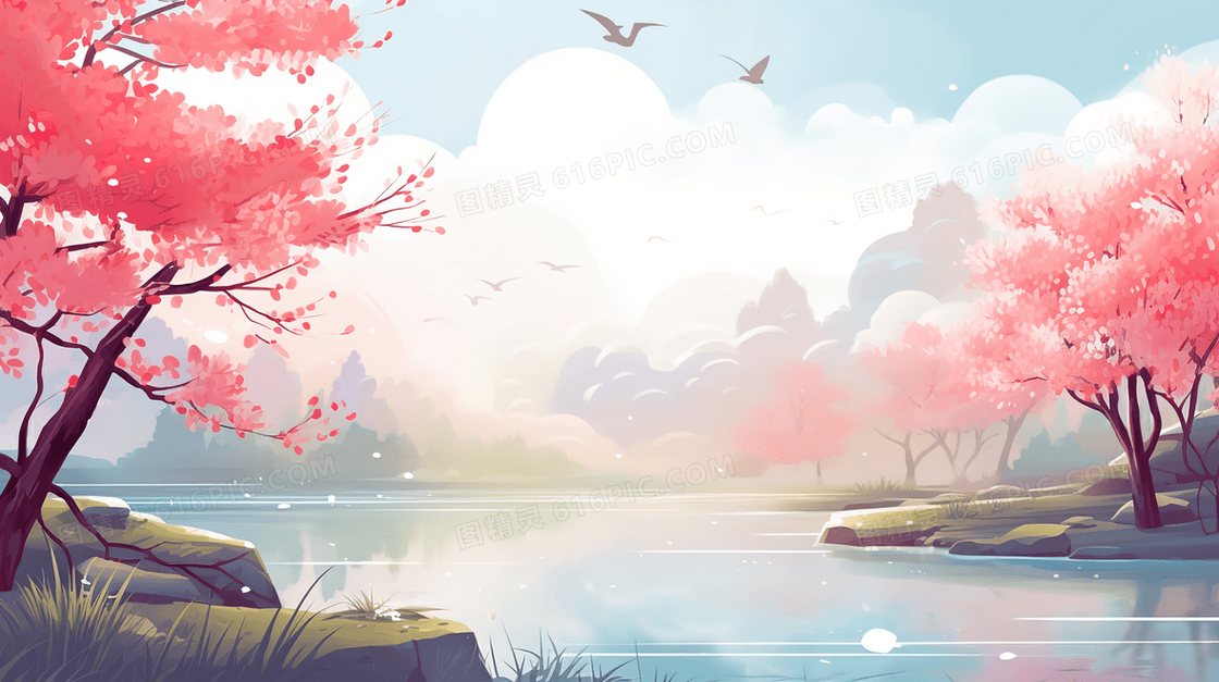 中国风湖边粉色花朵山水风景插画
