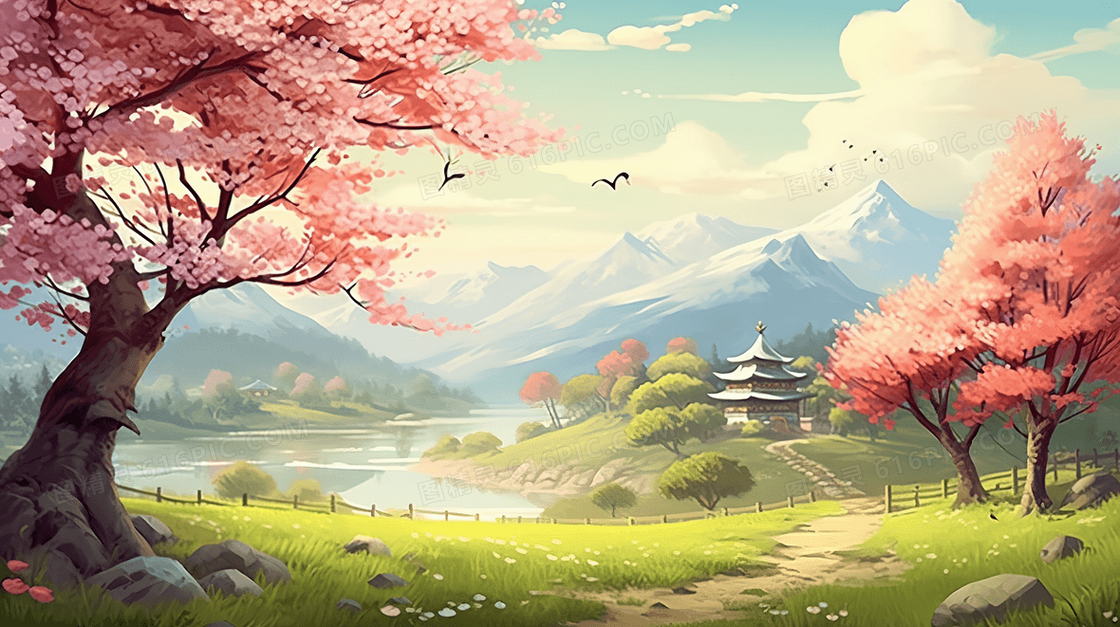 春天山坡上的粉色花树风景插画